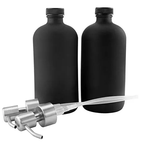 16oz Black Glass Bottles w/Stainless Steel Pumps (2-Pack); Black Coated Boston Round; Lotion, Hand Care & Soap Dispensers