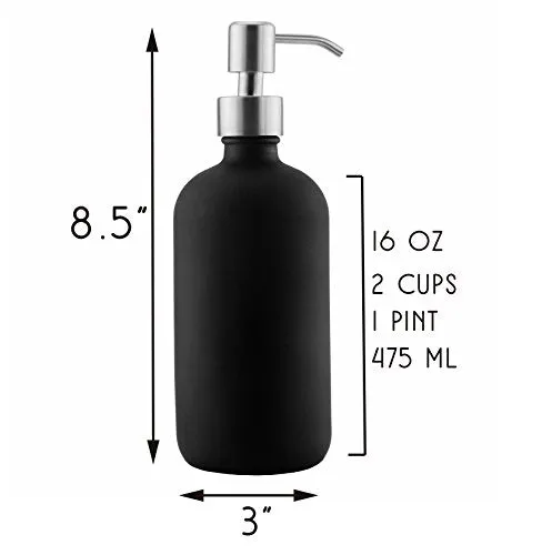 16oz Black Glass Bottles w/Stainless Steel Pumps (2-Pack); Black Coated Boston Round; Lotion, Hand Care & Soap Dispensers