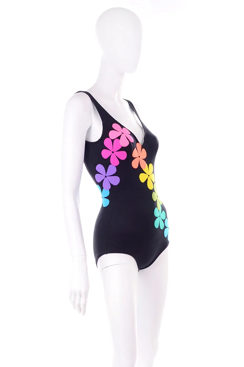 1960s DeWeese Designs Rainbow Floral One Piece Swim Set w/ Maxi Skirt