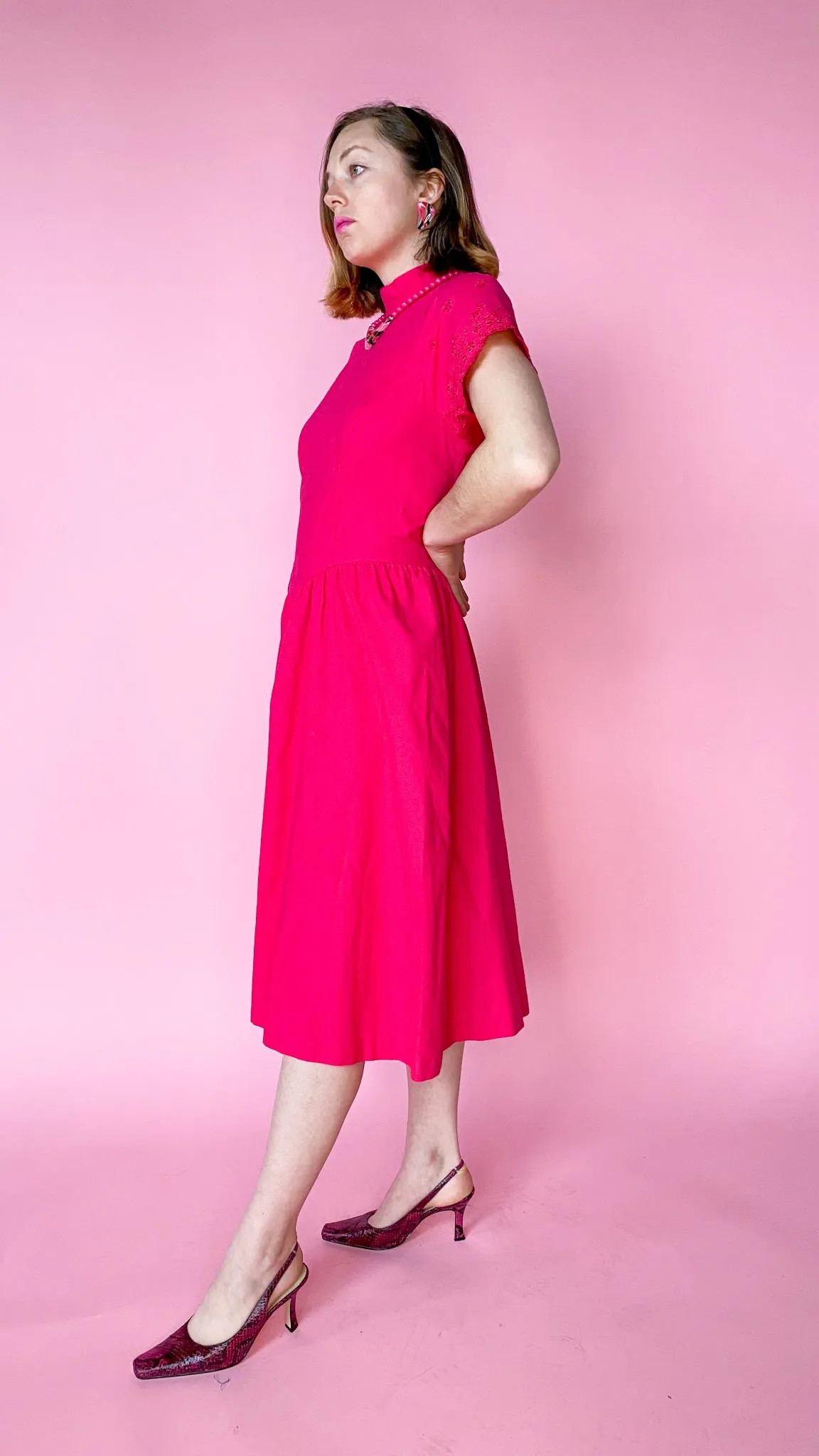 1980s Fuchsia Mock Neck Dress, sz. M