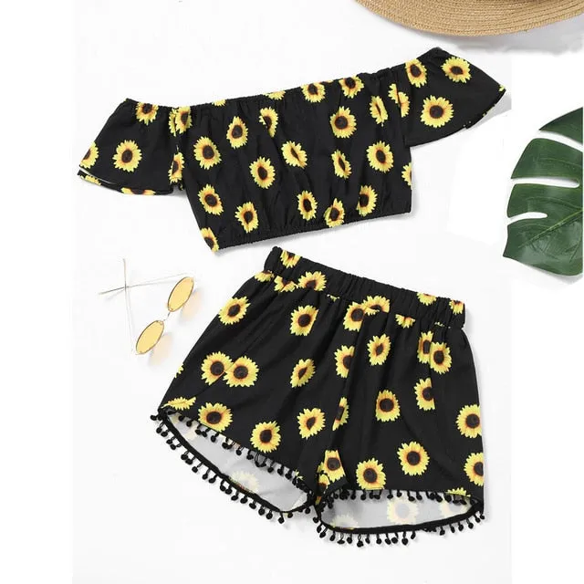 2021 News!!! Women's Off Shoulder Sunflower Print Two-piece Swimwear Sizes S - XL