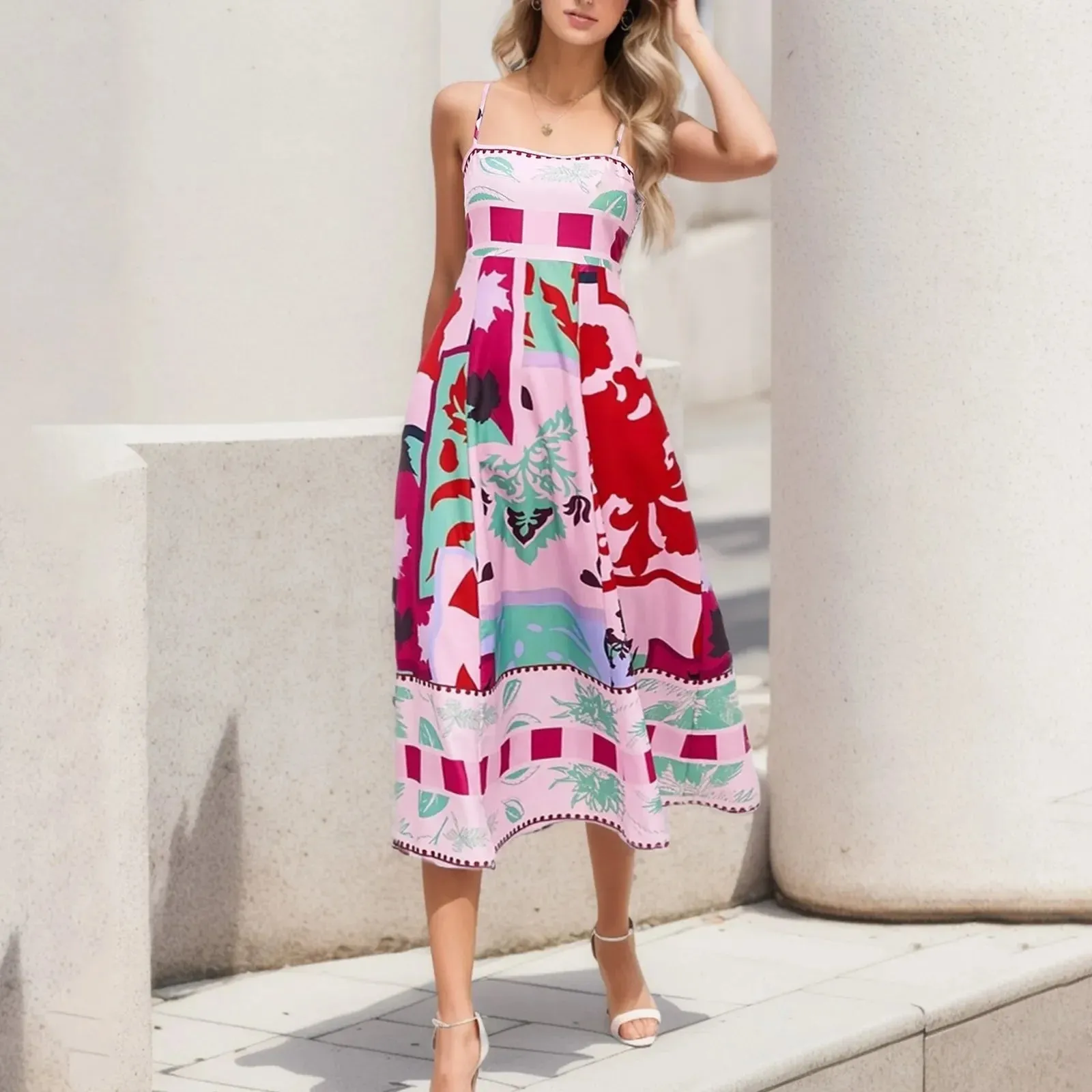 2024 Sexy Boho Floral Printed High Waist A-Line Swing Midi Dress