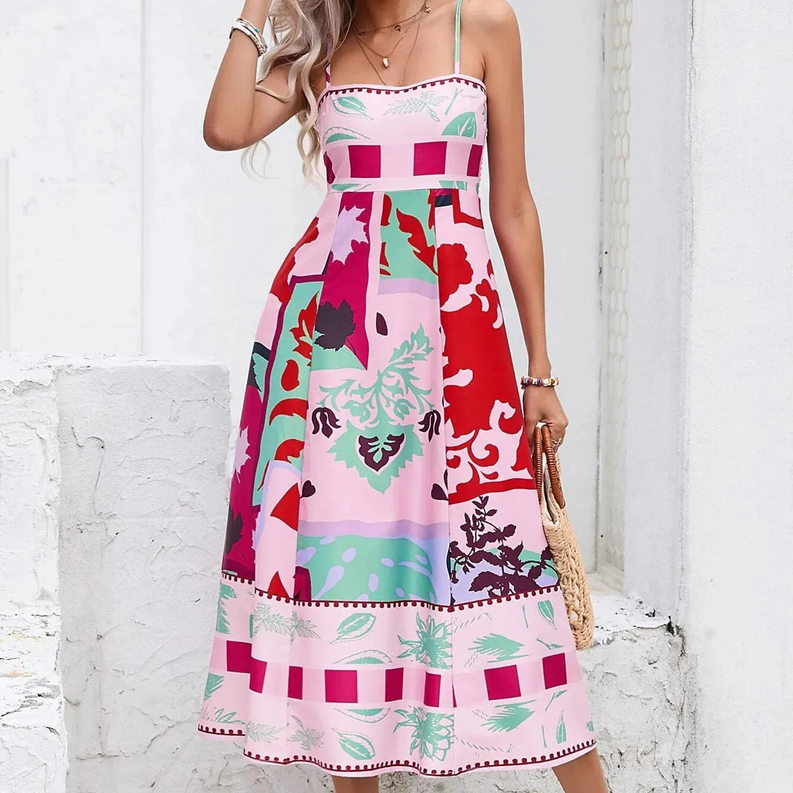 2024 Sexy Boho Floral Printed High Waist A-Line Swing Midi Dress