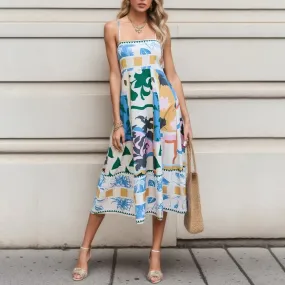 2024 Sexy Boho Floral Printed High Waist A-Line Swing Midi Dress