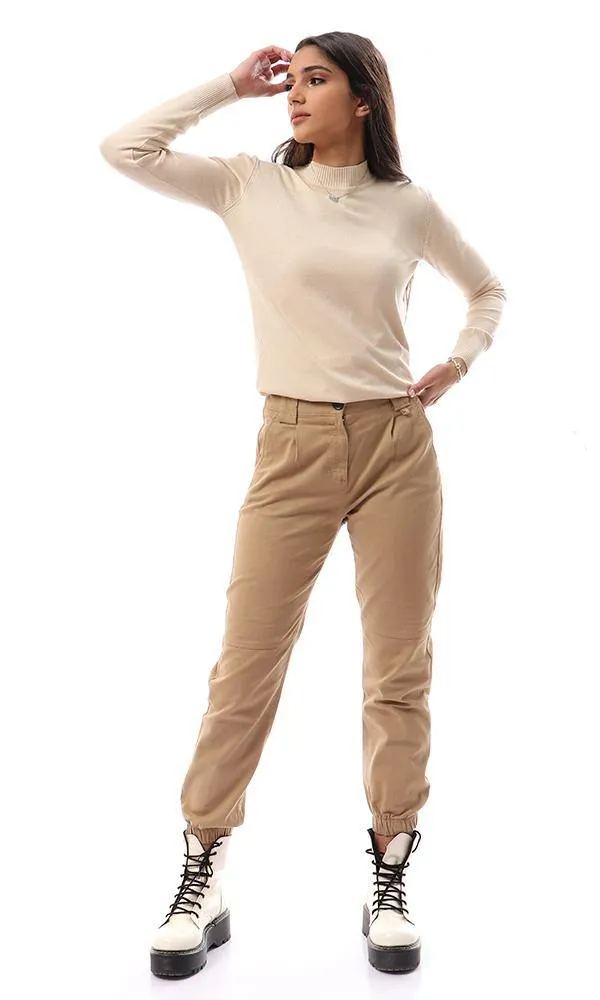 94404 Ribbed Mock Neck Basic Pullover - Light Beige