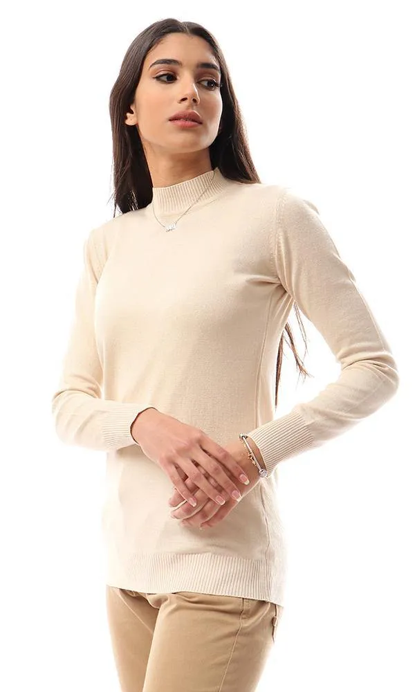 94404 Ribbed Mock Neck Basic Pullover - Light Beige