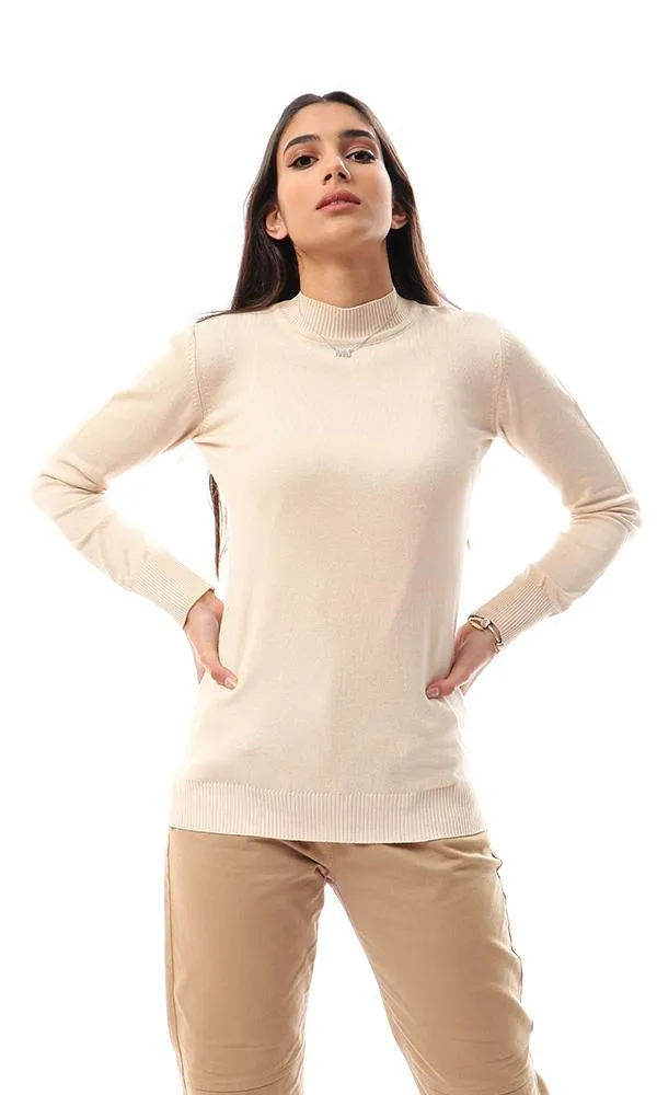 94404 Ribbed Mock Neck Basic Pullover - Light Beige