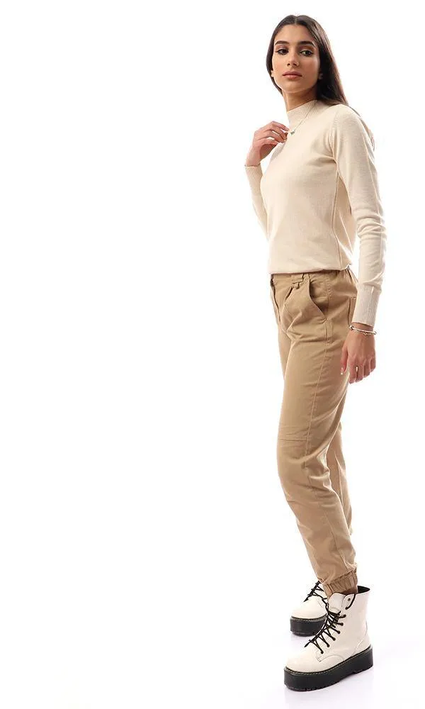 94404 Ribbed Mock Neck Basic Pullover - Light Beige