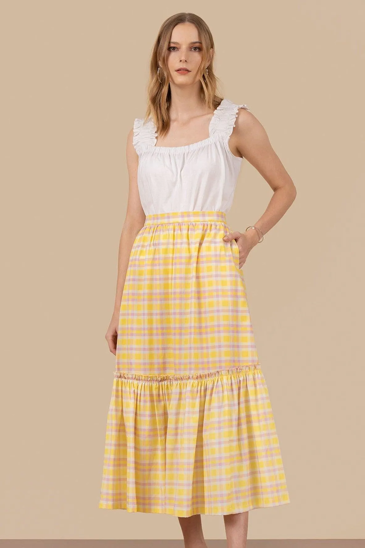 A Case of You Tiered Skirt in Yellow Checks