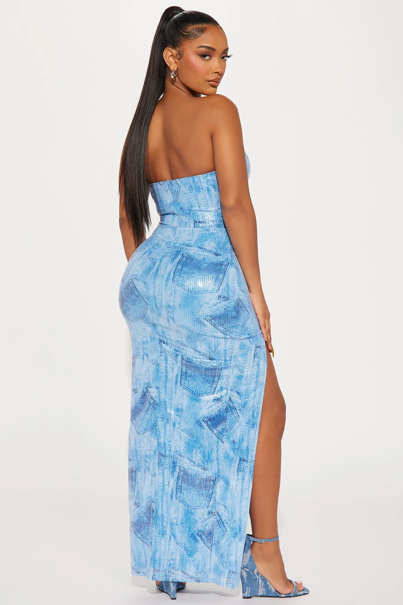 A Denim Affair Sequin Maxi Dress - Light Blue