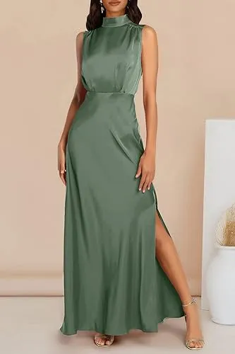 A Line Sleeveless Mock Neck Satin Ankle-Length Bridesmaid Dresses