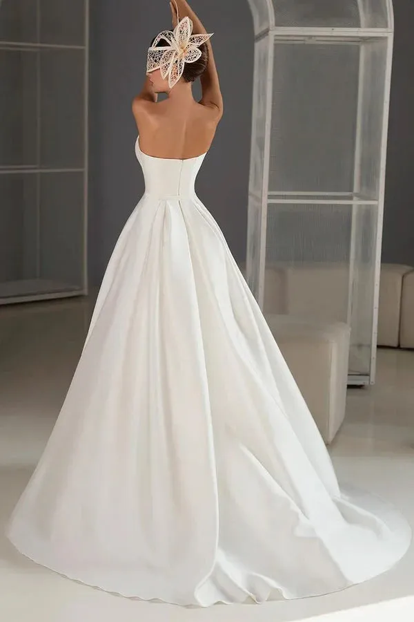 A line Sweetheart satin pleated minimalist wedding dress with pockets