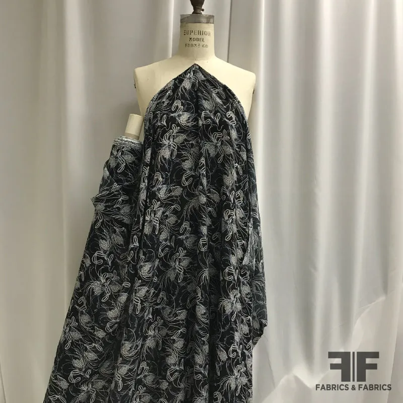 Abstract Floral Printed Rayon Crepe - Black / Off White / Blue