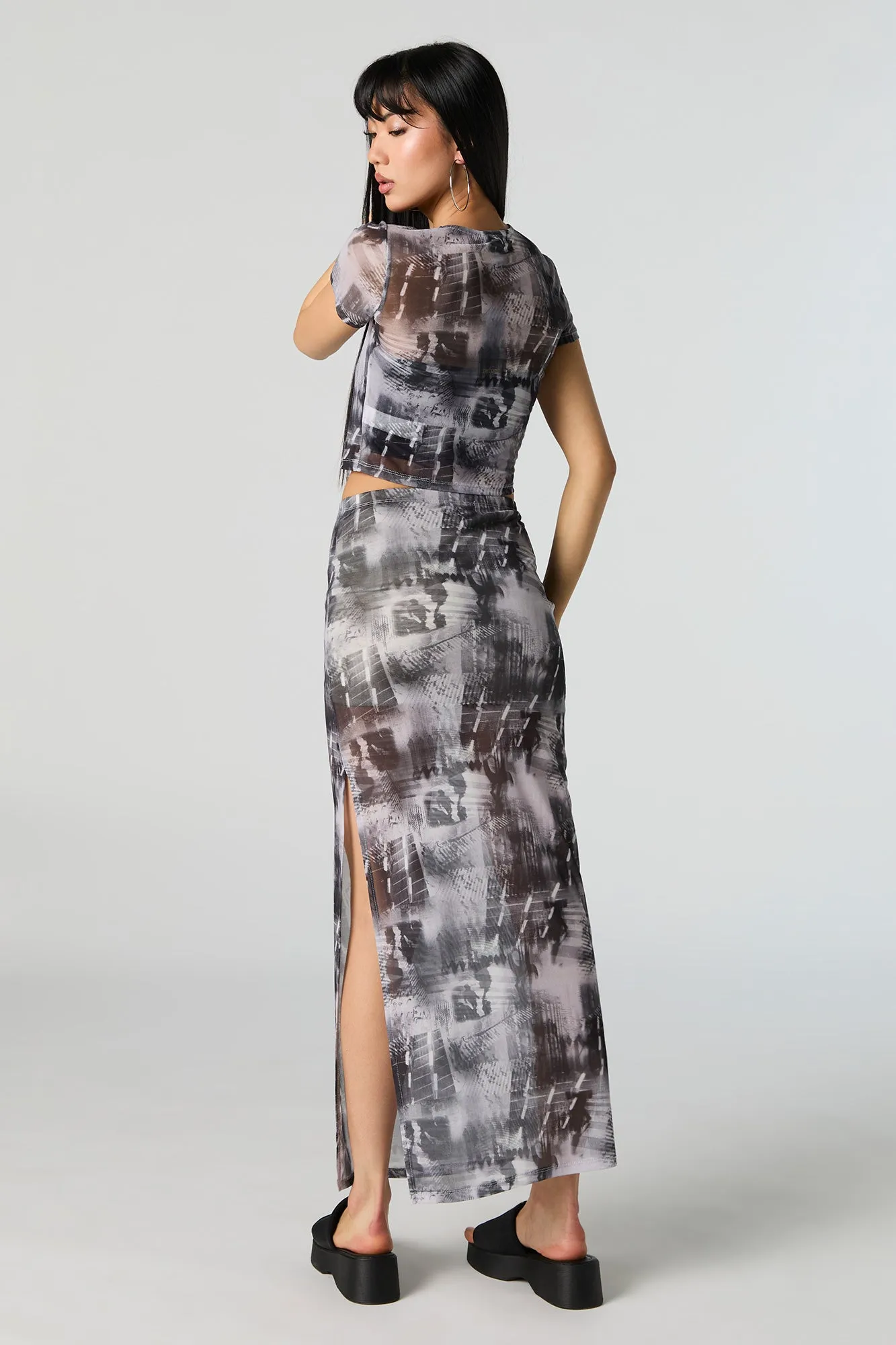 Abstract Mesh Slit Maxi Skirt