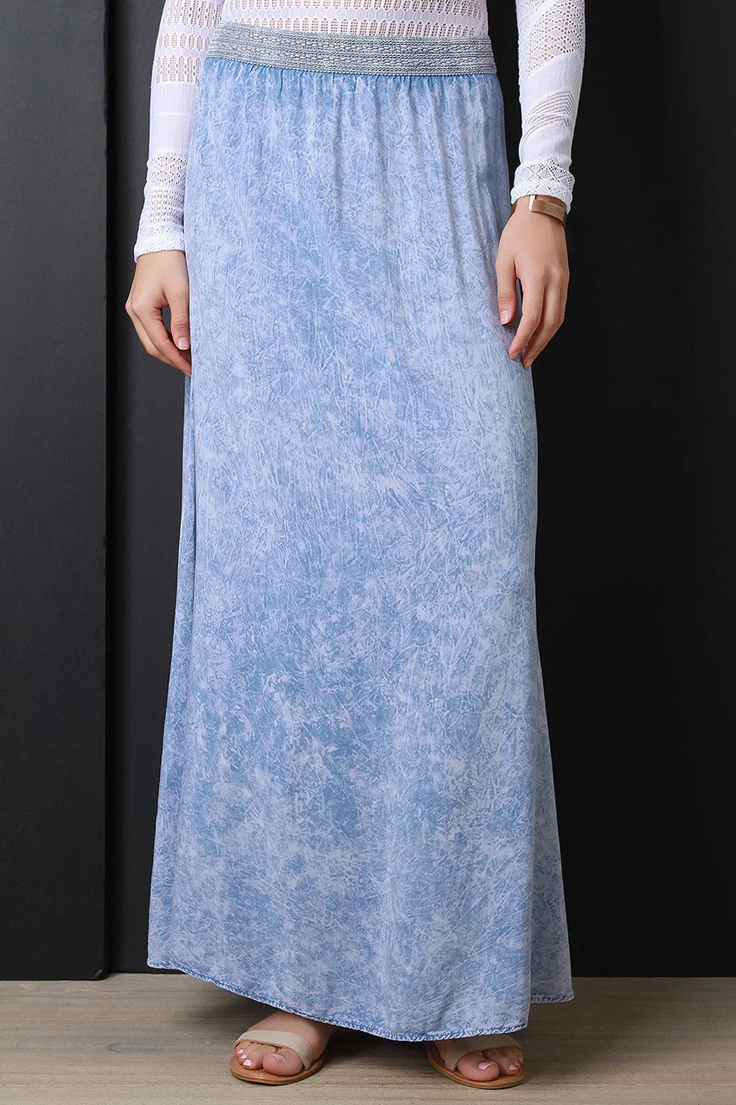 Acid Wash Crochet Band Maxi Skirt