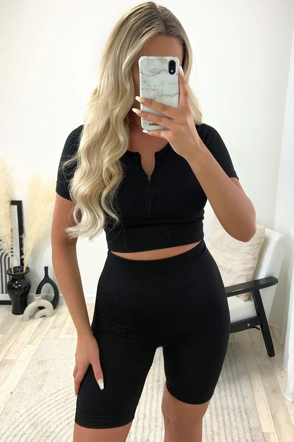 Adelle Black Ribbed Zip Front Crop Top and Cycling Shorts Gym Set