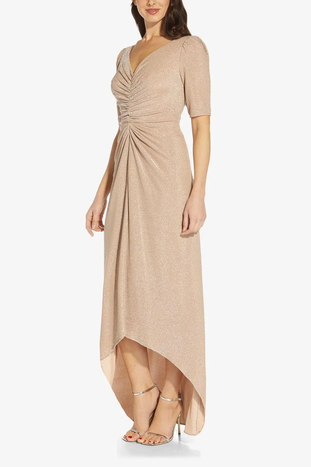 Adrianna Papell AP1E209926 V- Neck Back Formal High And Low Hem Metallic Knit Dress