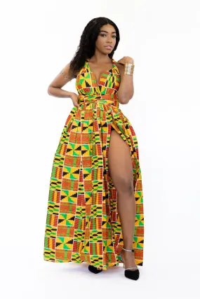 African Print Kente Orange / green Infinity Multiway Maxi Dress