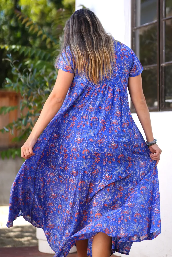 Amaryllis Maxi Dress Block Printed in Blue Multi