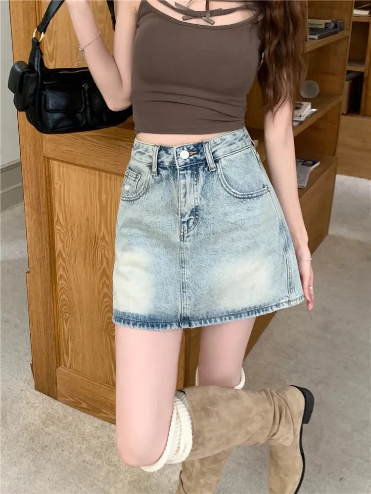 American Retro Denim Summer Fashion Streetwear High Waisted Casual Skirt