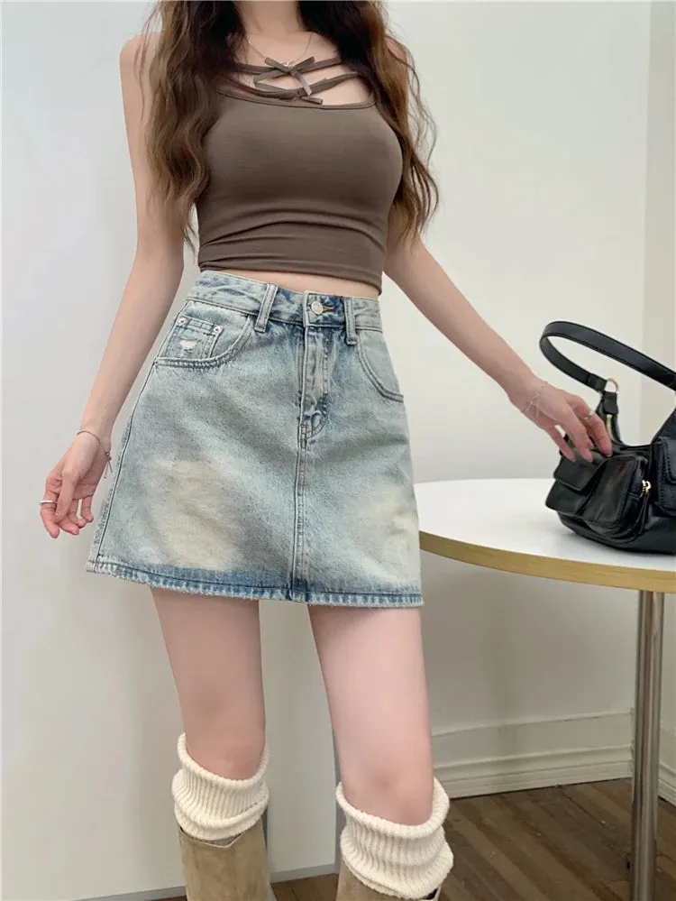 American Retro Denim Summer Fashion Streetwear High Waisted Casual Skirt