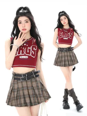 American Retro Sweetheart Pleated Plaid Double Belt A-Line Skirts