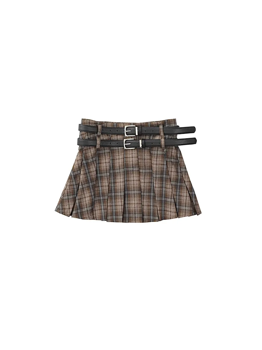 American Retro Sweetheart Pleated Plaid Double Belt A-Line Skirts