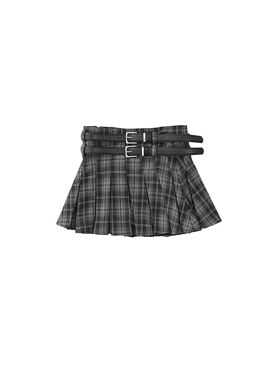 American Retro Sweetheart Pleated Plaid Double Belt A-Line Skirts