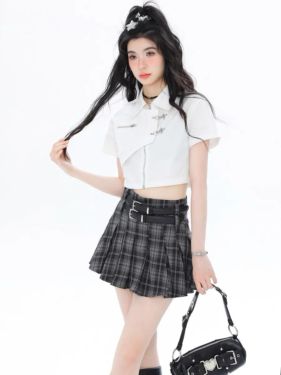 American Retro Sweetheart Pleated Plaid Double Belt A-Line Skirts