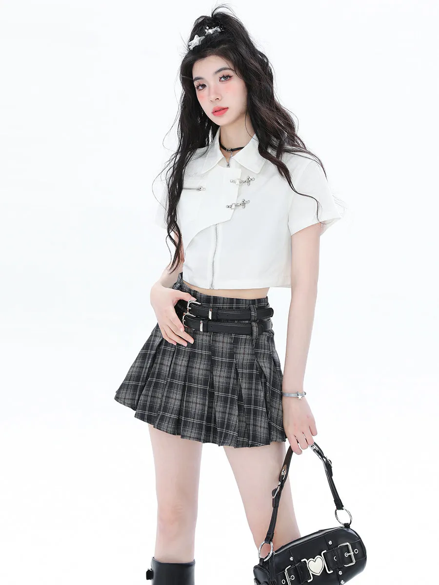 American Retro Sweetheart Pleated Plaid Double Belt A-Line Skirts