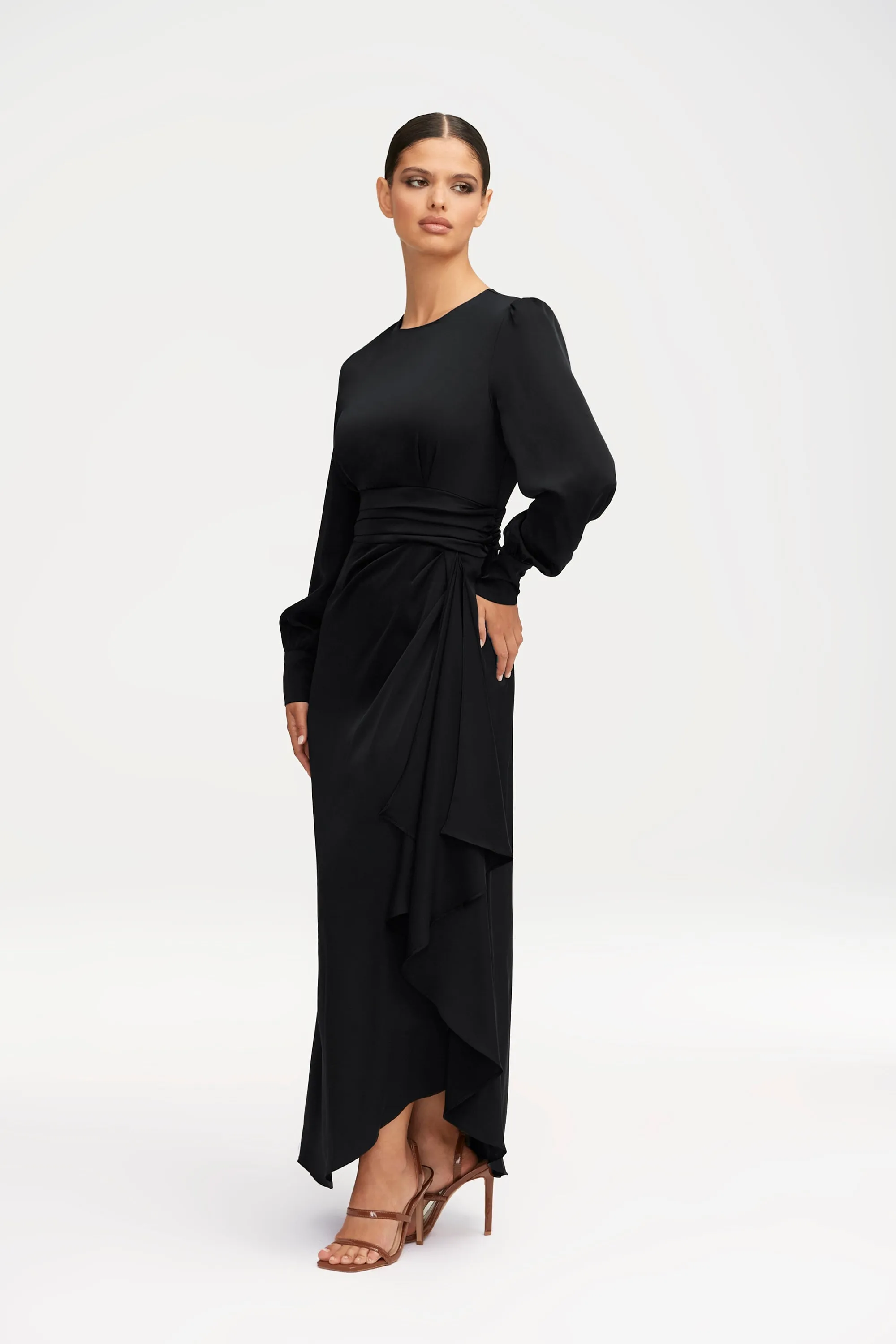 Anabelle Pleated Waist Ruffle Maxi Dress - Black