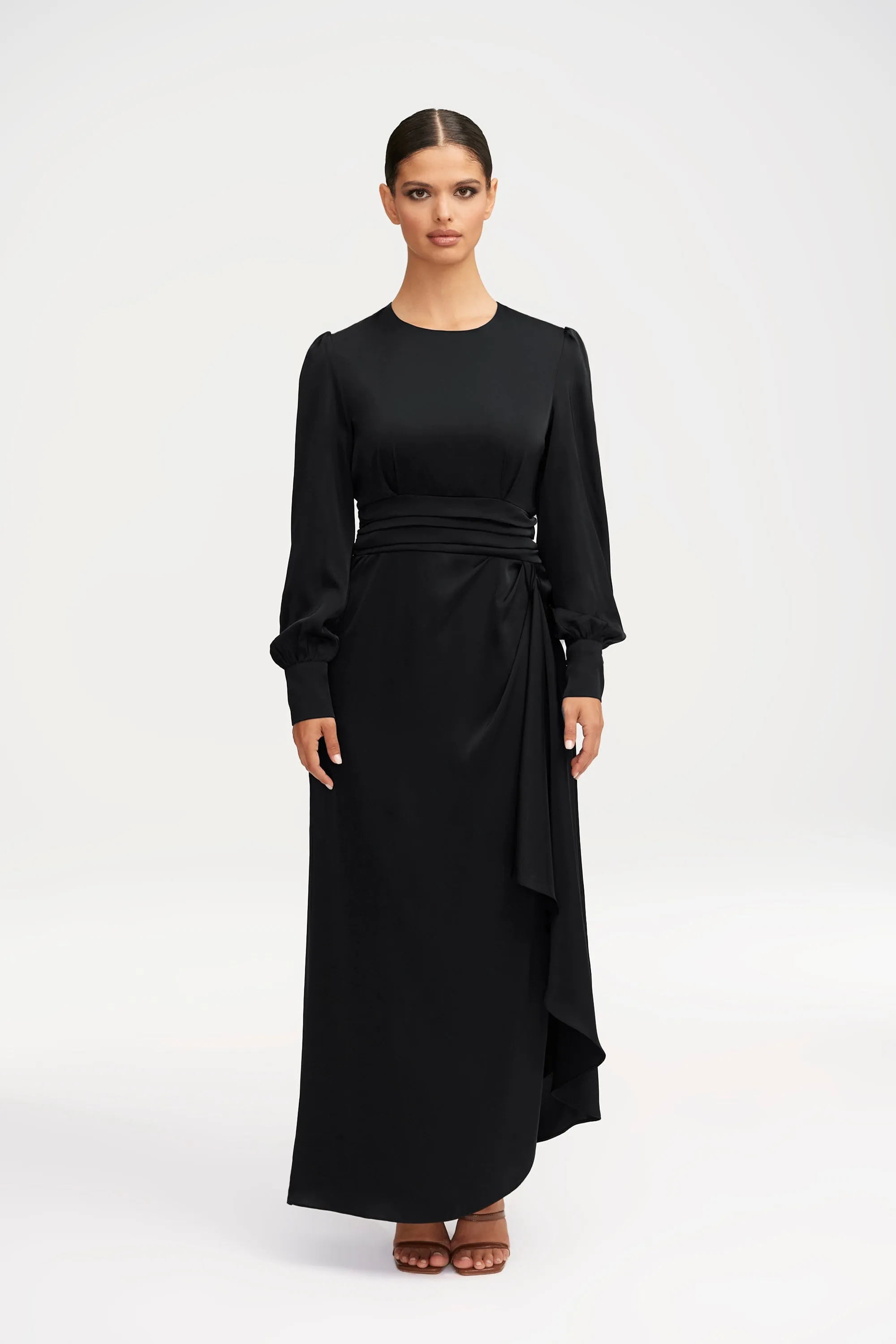 Anabelle Pleated Waist Ruffle Maxi Dress - Black