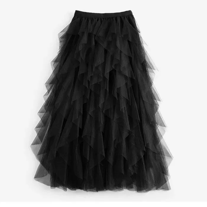 Asymmetrical Mesh Skirts For Women High Waist Ankle Length Skirts Female Elegant Korean Fashion Clothing