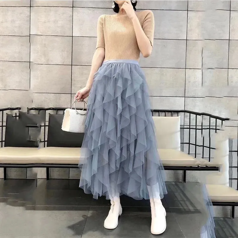 Asymmetrical Mesh Skirts For Women High Waist Ankle Length Skirts Female Elegant Korean Fashion Clothing