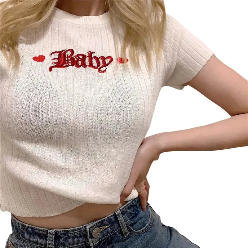 Baby Embroidery Short Sleeve Knitted Crop Top