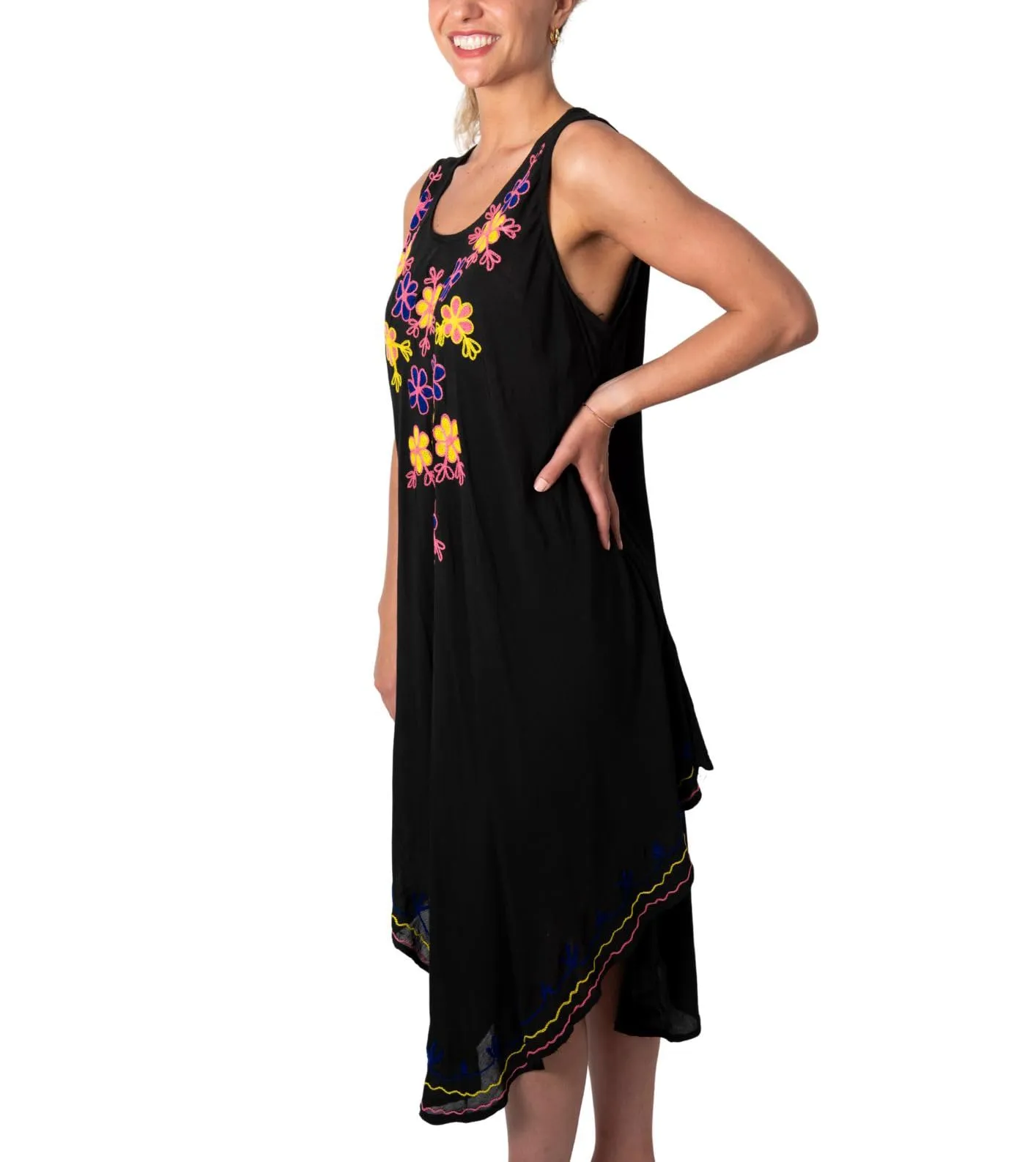 Back From Bali Womens Boho Summer Sundress Sleeveless Black Embroidered Beach Dress Swimsuit Bathing Suit Coverup