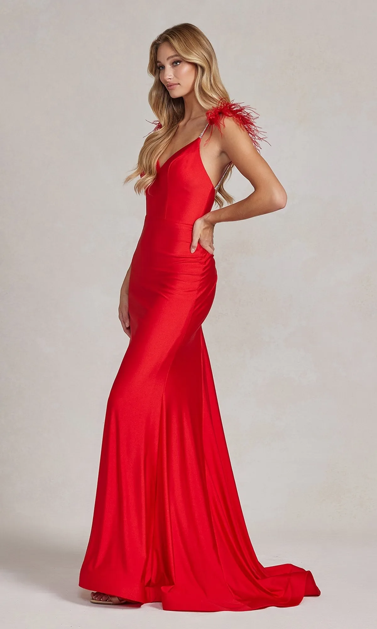 Backless Feathered Long Formal Dress