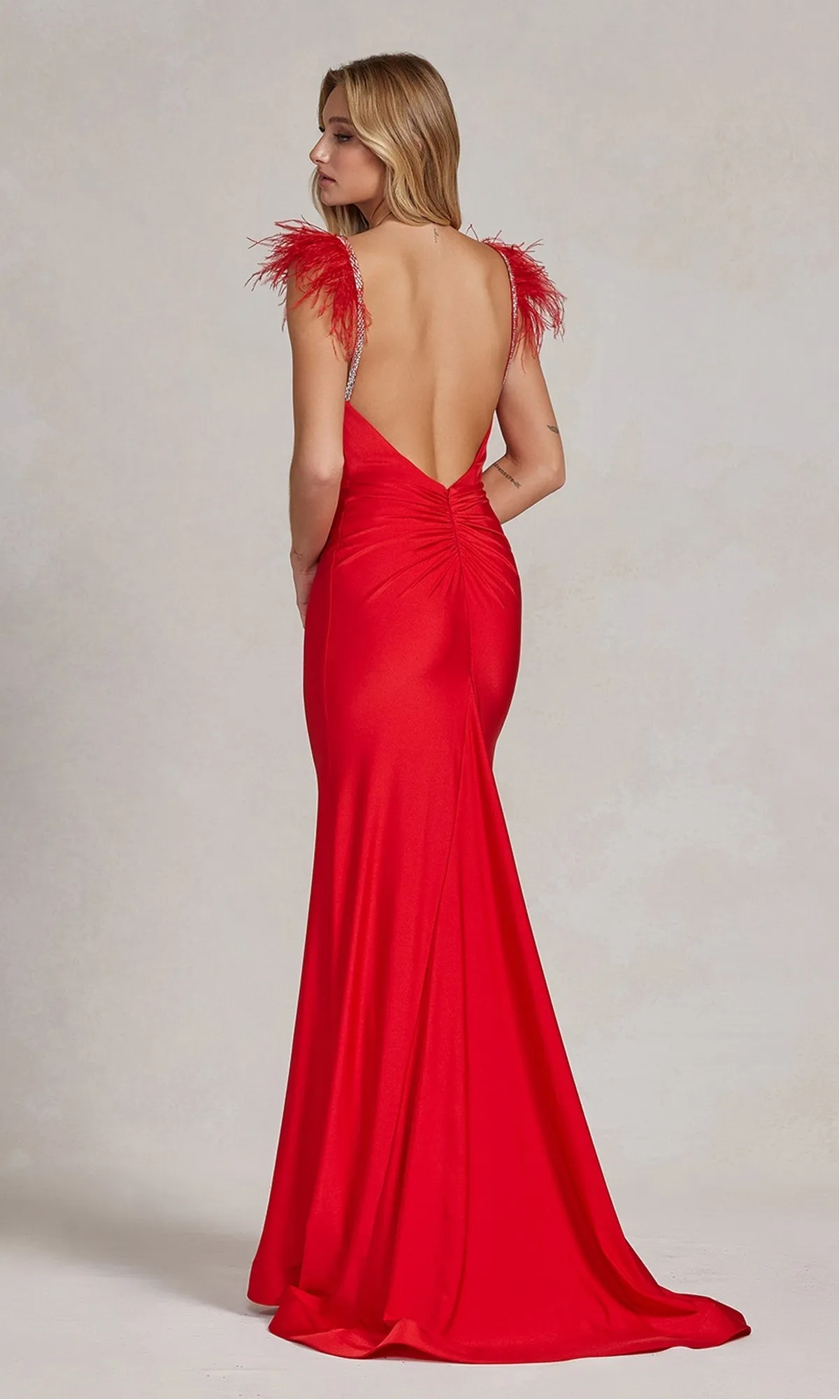 Backless Feathered Long Formal Dress