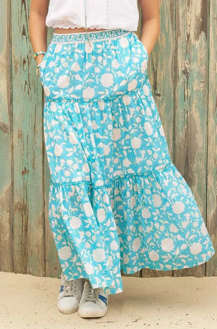 Becks Block Print Skirt | Ornate Flower Turquoise