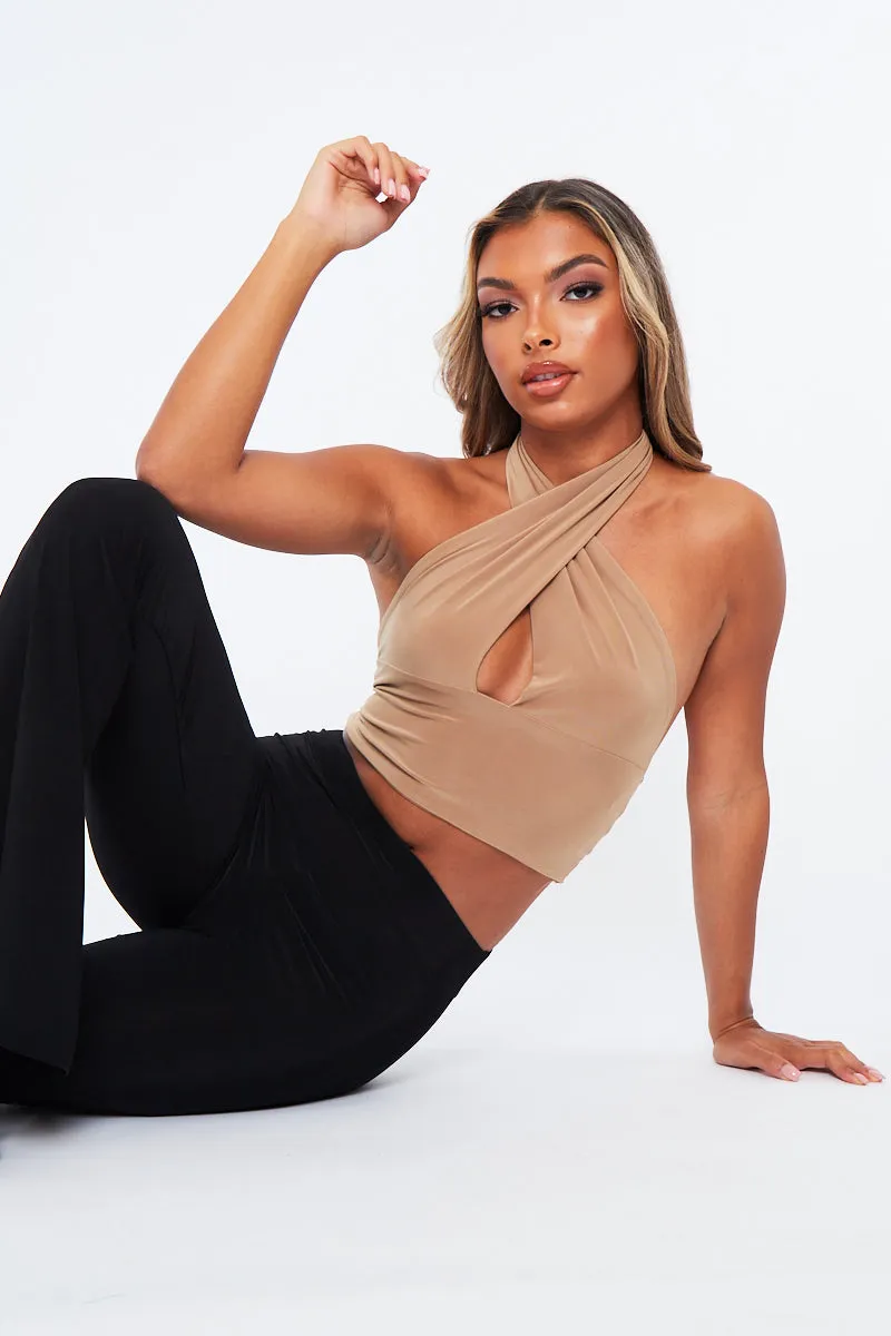 Beige Halter Neck Slinky Crop Top - Jessabel