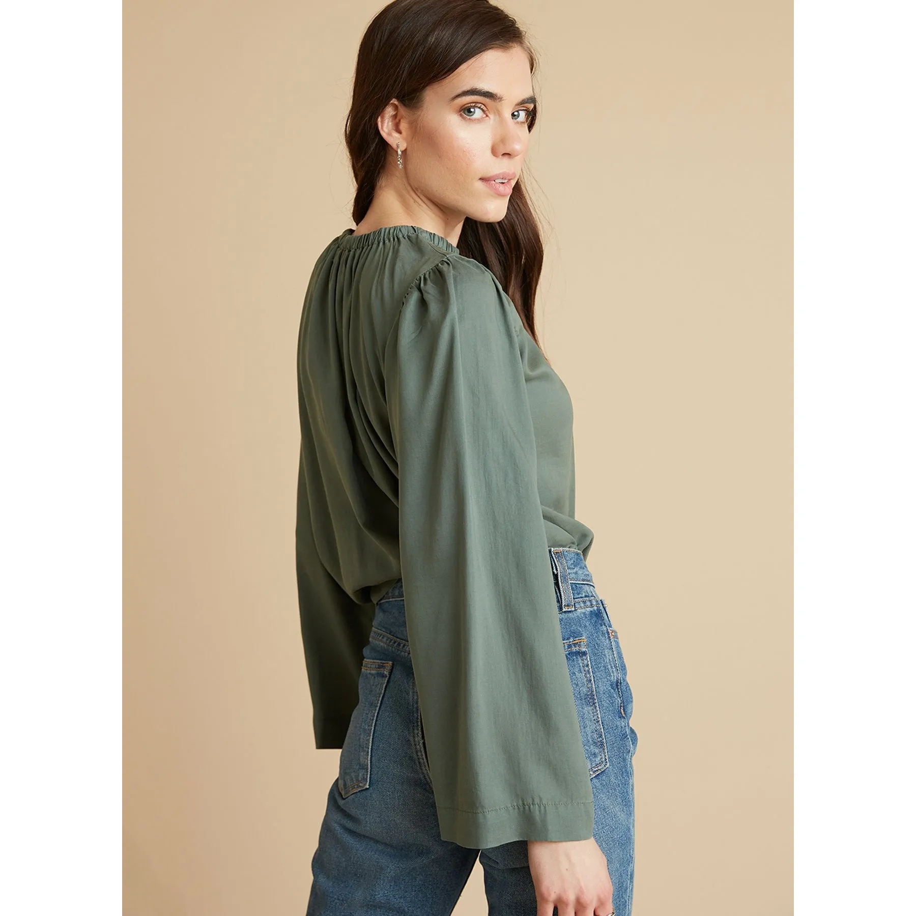 Bell Sleeve Elastic Neck Top