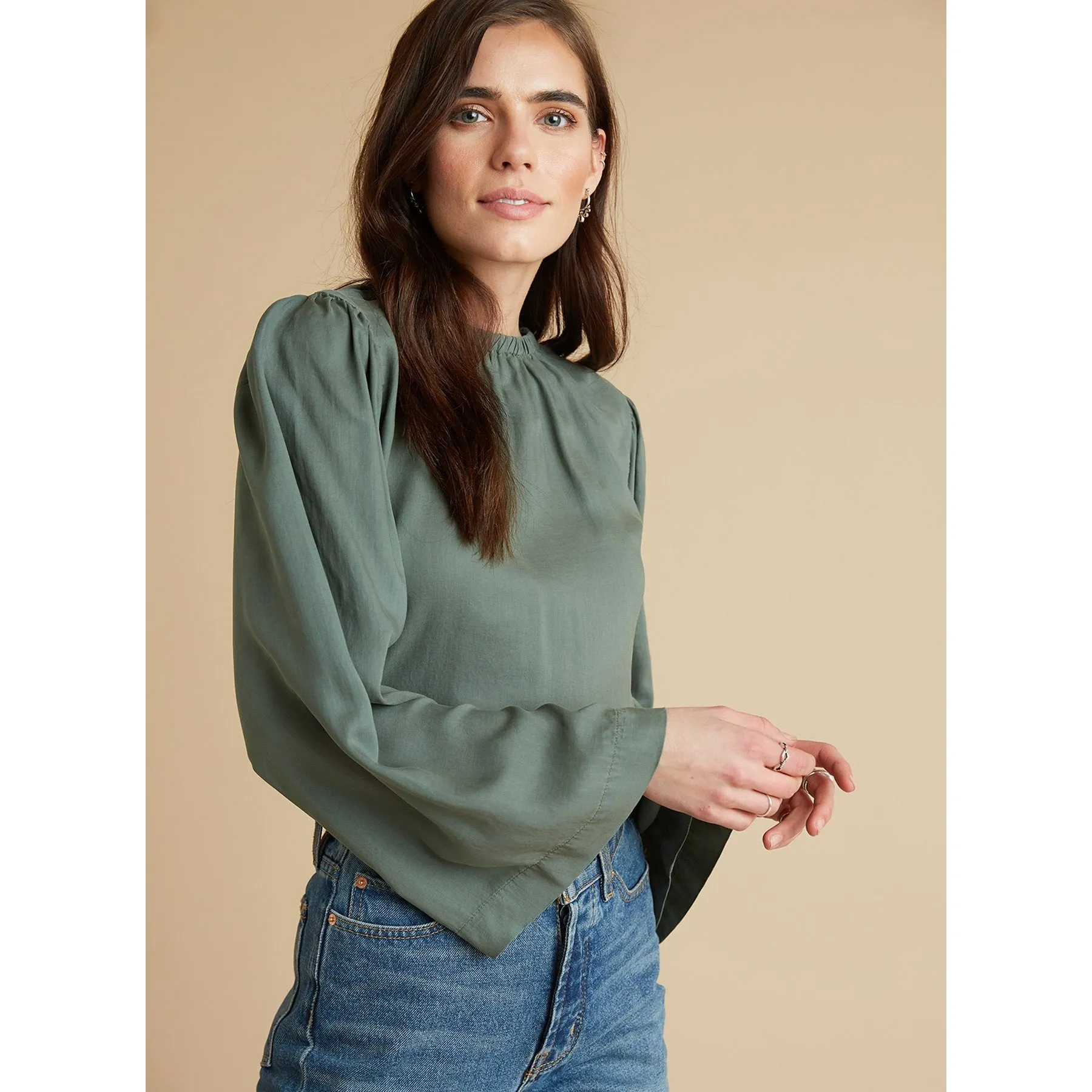 Bell Sleeve Elastic Neck Top