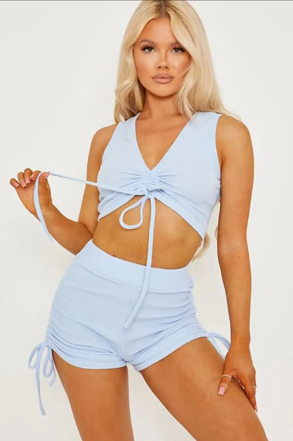 Belle Blue Ribbed Ruched Crop Top & Shorts Co-Ord Set