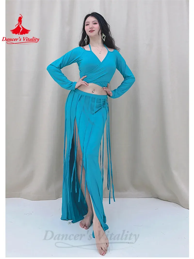 Belly Dance Costume Set for Women Long Sleeves Top tassel Long Skirt 2pcs Oriental Belly Dancing Practice Clothes Set