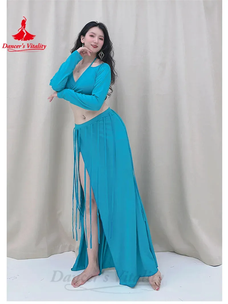 Belly Dance Costume Set for Women Long Sleeves Top tassel Long Skirt 2pcs Oriental Belly Dancing Practice Clothes Set