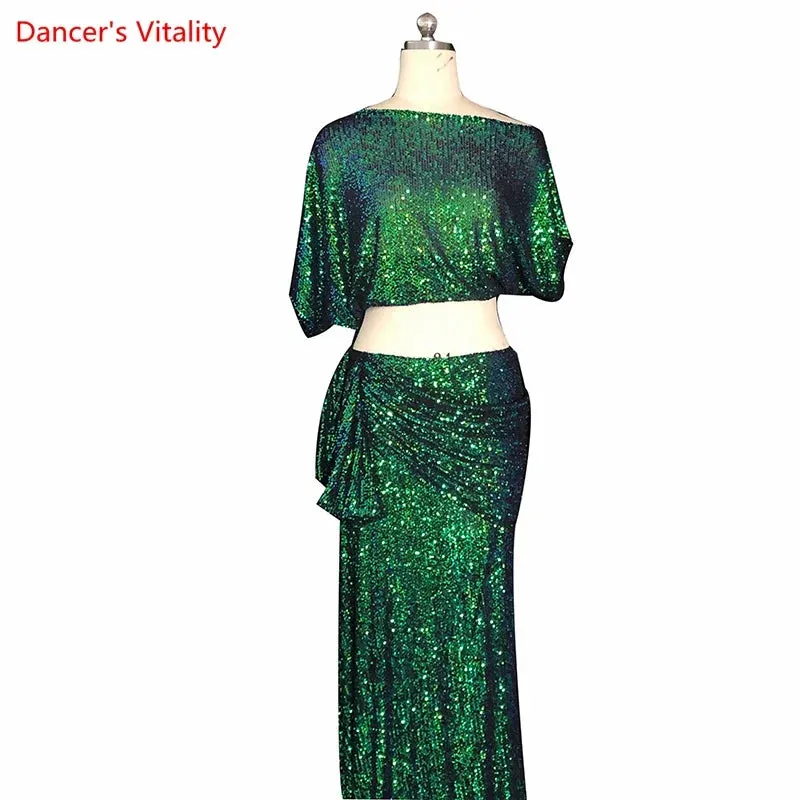 Belly Dance Costume Set Women's  Customized Sequin Short SleeveTop Split Long Skirt 2ps Oriental Dance Performance Costumes