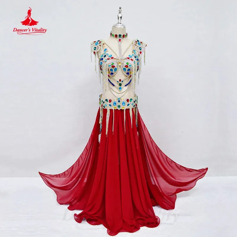 Bellydance Clothing Women Customized Luxury Rhinestone Bra senior Chiffon Long Skirt 2pcs Oriental Dance Performance Costumes