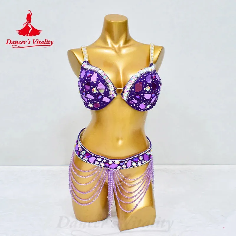 BellyDance Costume Customized Luxury Diamond Bra Sexy Split Long Skirt 2pcs Adult Children Oriental Dance Competition Clothing