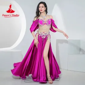 BellyDance Costumes Suit Women's Customized Diamond Tassels Bra Satin Split Long Skirt 2pcs Oriental Dance Performance Costumes