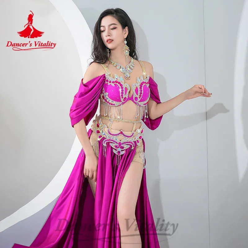 BellyDance Costumes Suit Women's Customized Diamond Tassels Bra Satin Split Long Skirt 2pcs Oriental Dance Performance Costumes